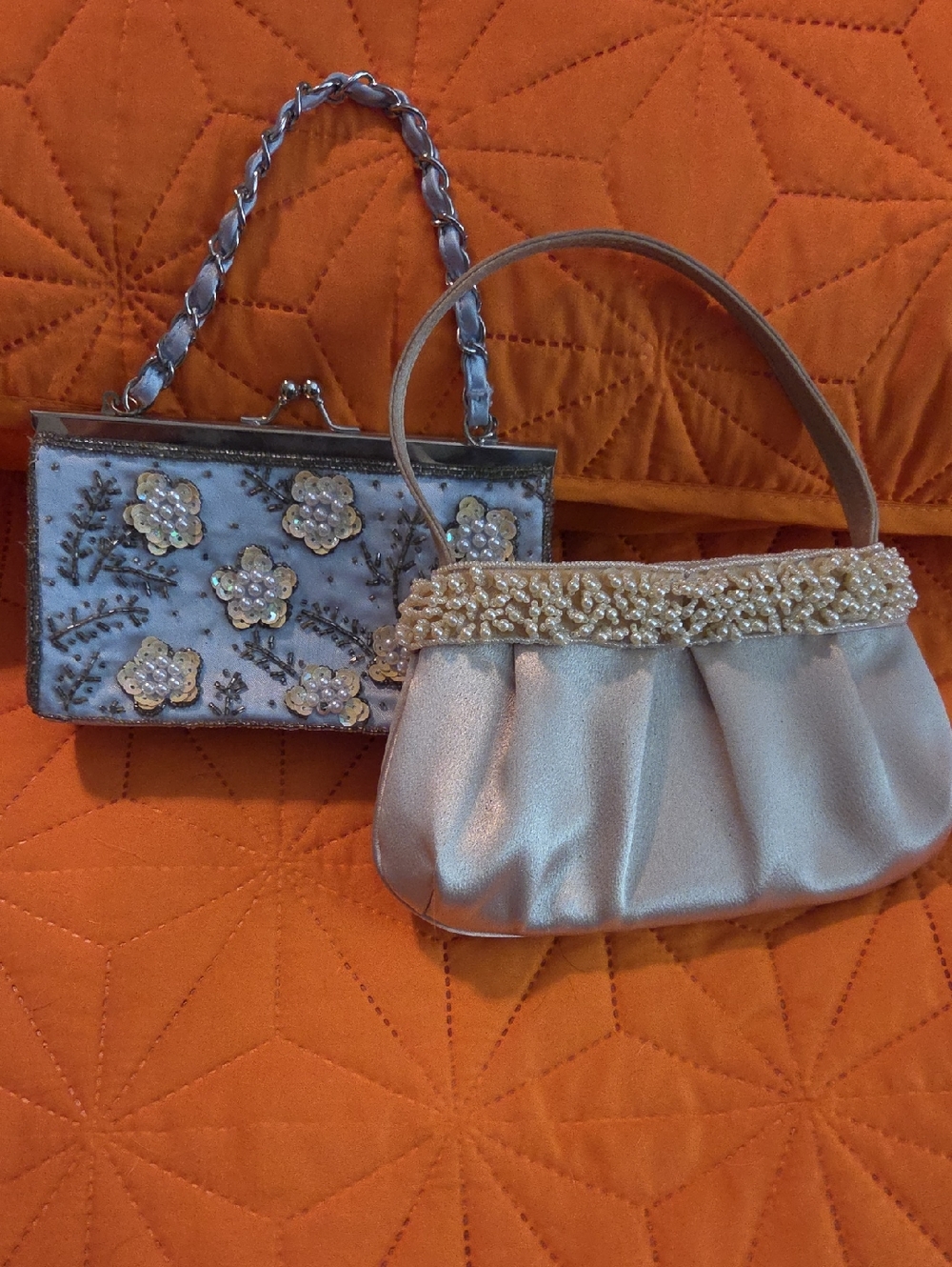 Silver Beaded Satin Evening Bag And Champagne Satin Beaded Clutch
